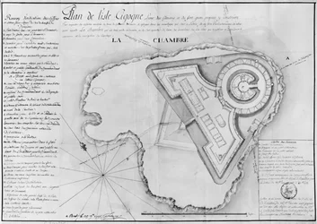 Plan der Ile Cigogne und das Projekt einer Festung, Archipel des Glenan, 1745